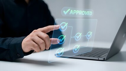 A person interacting with a laptop and digital interface with checkmarks