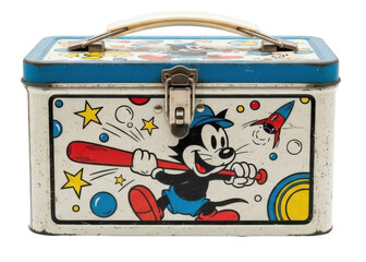 Vintage metal lunchbox featuring a cartoon cat in a baseball uniform, with stars and a rocket.