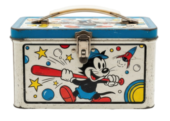 Vintage metal lunchbox featuring a cartoon cat in a baseball uniform, with stars and a rocket.