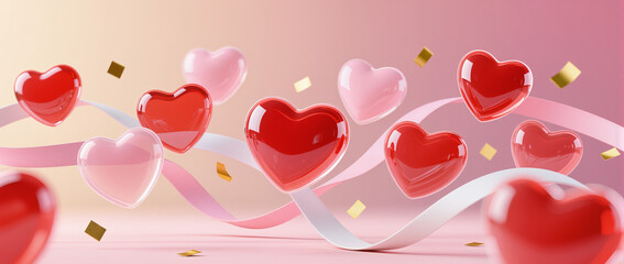 Floating semi-transparent 3D hearts in red and blush with ribbons and golden confetti on a cream-to-pink gradient. Modern, elegant Valentine&rsquo;s visual for premium commercial use.