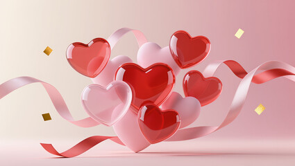 Floating semi-transparent 3D hearts in red and blush with ribbons and golden confetti on a cream-to-pink gradient. Modern, elegant Valentine&rsquo;s visual for premium commercial use.