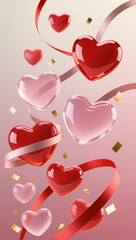 Floating semi-transparent 3D hearts in red and blush with ribbons and golden confetti on a cream-to-pink gradient. Modern, elegant Valentine&rsquo;s visual for premium commercial use.