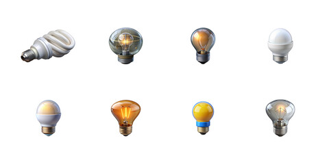 Collection of various illuminated and unlit light bulbs showcasing different energy efficient and traditional designs on transparent background