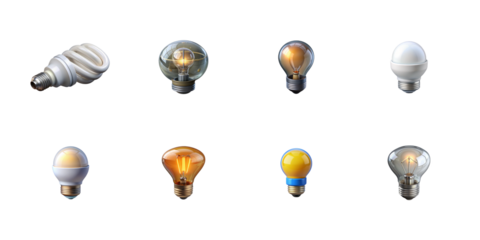 Collection of various illuminated and unlit light bulbs showcasing different energy efficient and traditional designs on transparent background