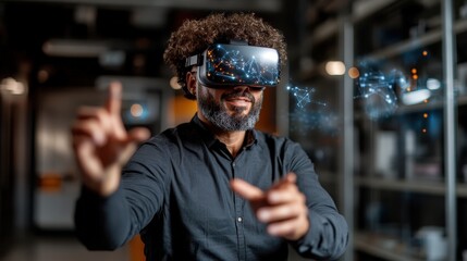 A man wearing VR goggles interacts with virtual reality elements in a contemporary setting, showcasing the intersection of technology and human experience as they explore new realities.