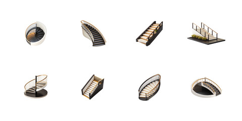Collection of eight different architectural staircase models including spiral and straight designs for interior visualization on transparent background
