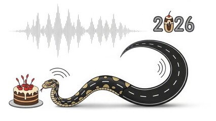 Python Programming Concept Illustration: Snake shaped road chasing layer cake with data waves and 2026 isolated PNG with Transparent Background