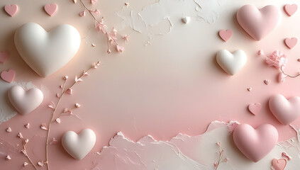 Pink and white hearts and flowers on textured background