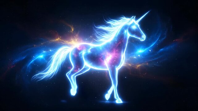 This majestic unicorn, rendered with a stunning neon light effect, stands still, radiating an electric blue glow and revealing cosmic patterns against a dramatic dark background.