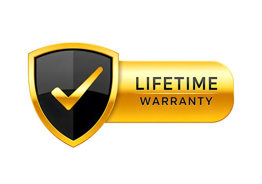 Golden shield with a checkmark and lifetime warranty text on transparent background