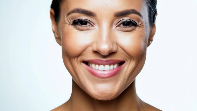 Joyful woman with perfect bright smile and luminous dewy skin beams happiness in clean studio light, freshness radiating healthy vitality and natural charm, freshness motivating skincare routines.