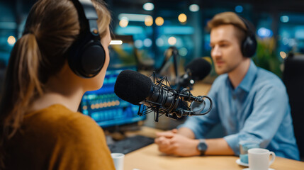 Two people recording podcast in office faceless, collaborative content creation, professional recording session, studio environment, defocused background, with copy space