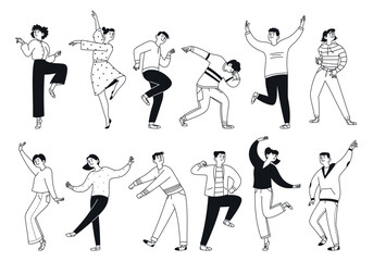 Set of doodle dancing people, men and women. A collection of happy jumping men performing dance moves. Outline, thin line. Vector linear illustration