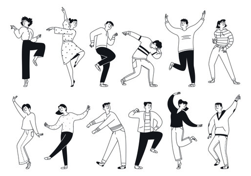 Set of doodle dancing people, men and women. A collection of happy jumping men performing dance moves. Outline, thin line. Vector linear illustration