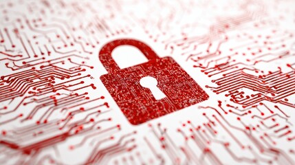 Red digital padlock security symbol on white circuit board background