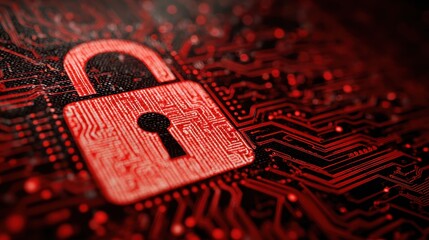 Red digital padlock security symbol on dark circuit board background with shallow depth of field