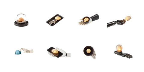 Collection of various robotic and human hands interacting with biological or illuminated brain concepts on transparent background