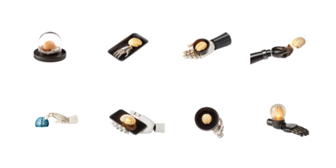 Collection of various robotic and human hands interacting with biological or illuminated brain concepts on transparent background