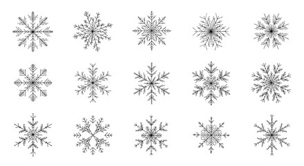 Collection of fifteen unique and intricately detailed snowflake icons in a black line art style for winter and Christmas designs.