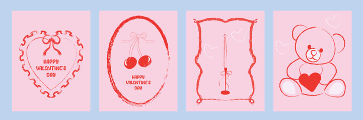  A romantic collection of Valentine's Day greeting cards, hand drawn in red pencil ,hearts, frames, cherries, and a cute teddy bear with a heart. Vector illustration.