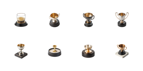 Assortment of miniature metallic trophies and awards displayed in various styles and sizes on transparent background