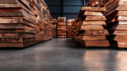 This image showcases neatly stacked copper ingots in a spacious warehouse, highlighting the metallic sheen of the copper against a clean industrial background, suggesting wealth and resource manageme