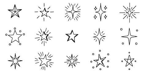 Hand drawn line art star and sparkle set featuring various shapes with radiating lines for festive and decorative designs