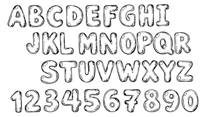 Hand drawn line art bubble alphabet and number set featuring uppercase letters and digits for playful design