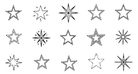 Obraz premium Hand drawn line art star icon set featuring various outline shapes and shining designs for graphic elements