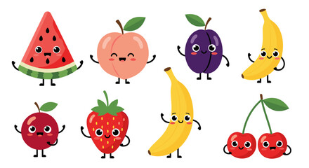 Naklejka premium Collection of cute and funny cartoon fruit characters with happy faces including a watermelon strawberry banana and cherry for kids.