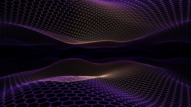 Abstract flowing hexagonal grid with glowing purple and golden lines forming layered wave surfaces. Dark animation of fast moving digital field with bright technology patterns. Seamless loop 4K 60fps
