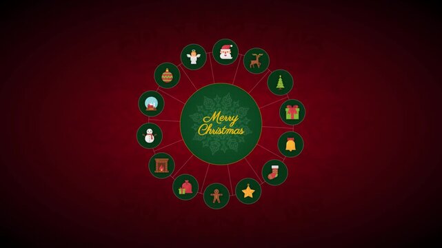 Rotating Christmas Icons Wheel Animation. A Flat Design Circle of Holiday Symbols around Merry Christmas Text.