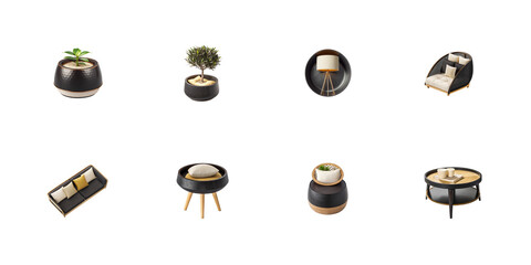 Collection of modern outdoor furniture and decorative planters displayed as individual assets on transparent background