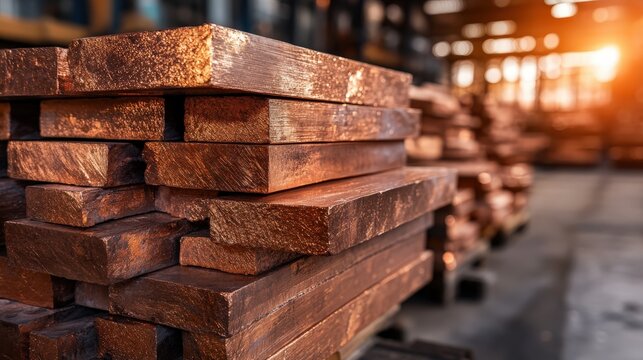 The image captures neatly stacked copper ingots in a spacious industrial setting, illuminated by warm sunlight, representing wealth accumulation, resource management, and quality craftsmanship.