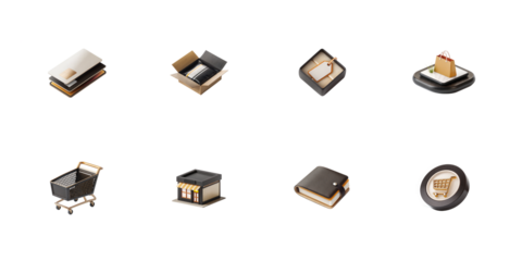 Collection of isometric 3d e-commerce and shopping related icons featuring credit cards packaging delivery wallet and cart on transparent background
