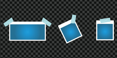 Three blue photo frames with tape