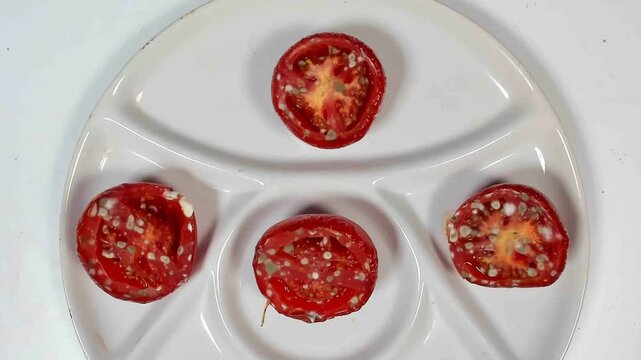 Rotting and moldy tomato slice. Timelapse