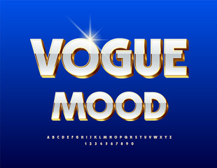 Vector Elite template Vogue Mood. Stylish White and Golden Font. Shiny Alphabet Letters and Numbers set.