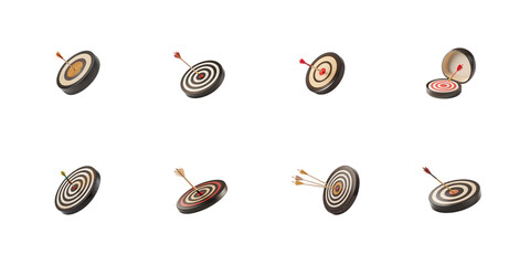 A collection of eight different dartboards and targets featuring various arrows hitting or missing the center mark on transparent background