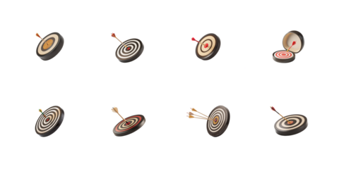 A collection of eight different dartboards and targets featuring various arrows hitting or missing the center mark on transparent background