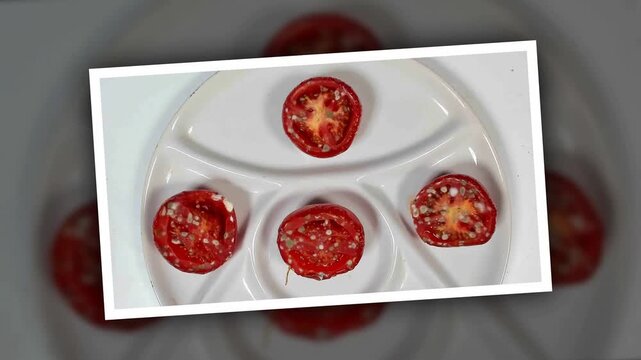 Rotting and moldy tomato slice. Timelapse