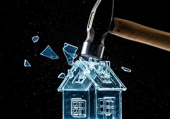 Hammer Smashing Glass House Model, Representing Real Estate Crisis or Destruction.