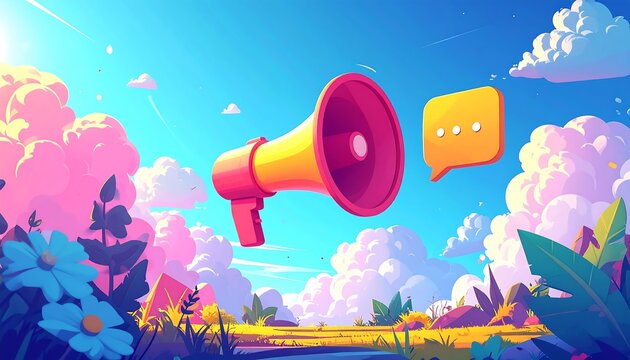 Vibrant cartoon megaphone and chat bubble in a dreamy landscape - Powered by Adobe