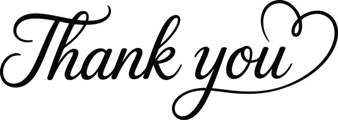Stylized black script Thank you lettering with a long flowing heart extension on a bright white background