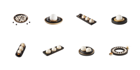 Assortment of elegant white and black spherical objects displayed individually and in artistic serving presentations on transparent background