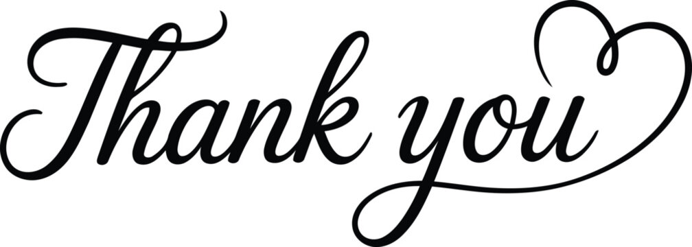 Stylized black script Thank you lettering with a long flowing heart extension on a bright white background - Powered by Adobe