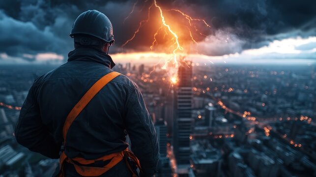 A lone construction worker gazes at a dramatic storm over a city skyline, with lightning striking and clouds swirling above, showcasing the beauty and power of nature in an urban setting.