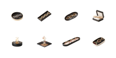 Collection of stylized three dimensional deoxyribonucleic acid helix models presented in various decorative display configurations on transparent background. on transparent background