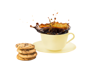 Coffee splash with cookies against transparent backdrop creating dynamic food beverage scene for product advertising and promotional use coffee shop cafe