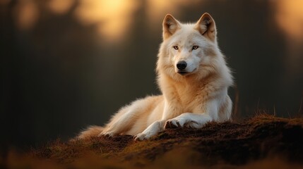 Obraz premium An elegant white wolf rests on a perched log as golden light bathes the scene, displaying its striking features amid the tranquil surroundings of a blurred, enchanting forest background.